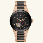 Load image into Gallery viewer, Bulova Millennia Latin GRAMMY watch with black dial and rose gold accents, elegant timepiece with a sleek design.