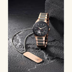 Load image into Gallery viewer, Bulova Millennia Latin Grammy watch with black dial and rose gold accents, elegant timepiece with a sleek design.