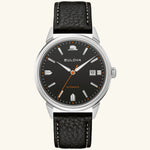 Load image into Gallery viewer, Bulova Summer Wind Frank Sinatra black dial watch with stainless steel band and classic design.