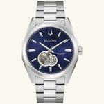 Load image into Gallery viewer, Bulova Surveyor watch with a blue dial and stainless steel bracelet, showcasing a classic and elegant timepiece.