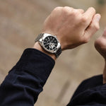Load image into Gallery viewer, Bulova Surveyor Classic watch with black dial and silver steel bracelet, showcasing a sleek and elegant timepiece design