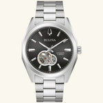 Load image into Gallery viewer, Bulova Surveyor Classic watch with black dial and silver steel bracelet, showcasing elegant design and precise timekeeping.
