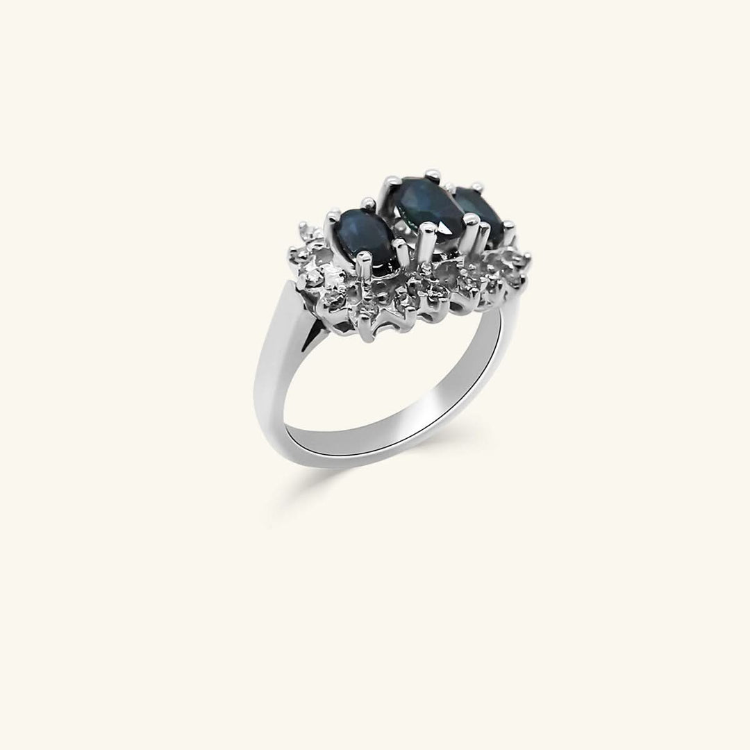 10K Sapphire & Diamond Three-Stone Halo Ring