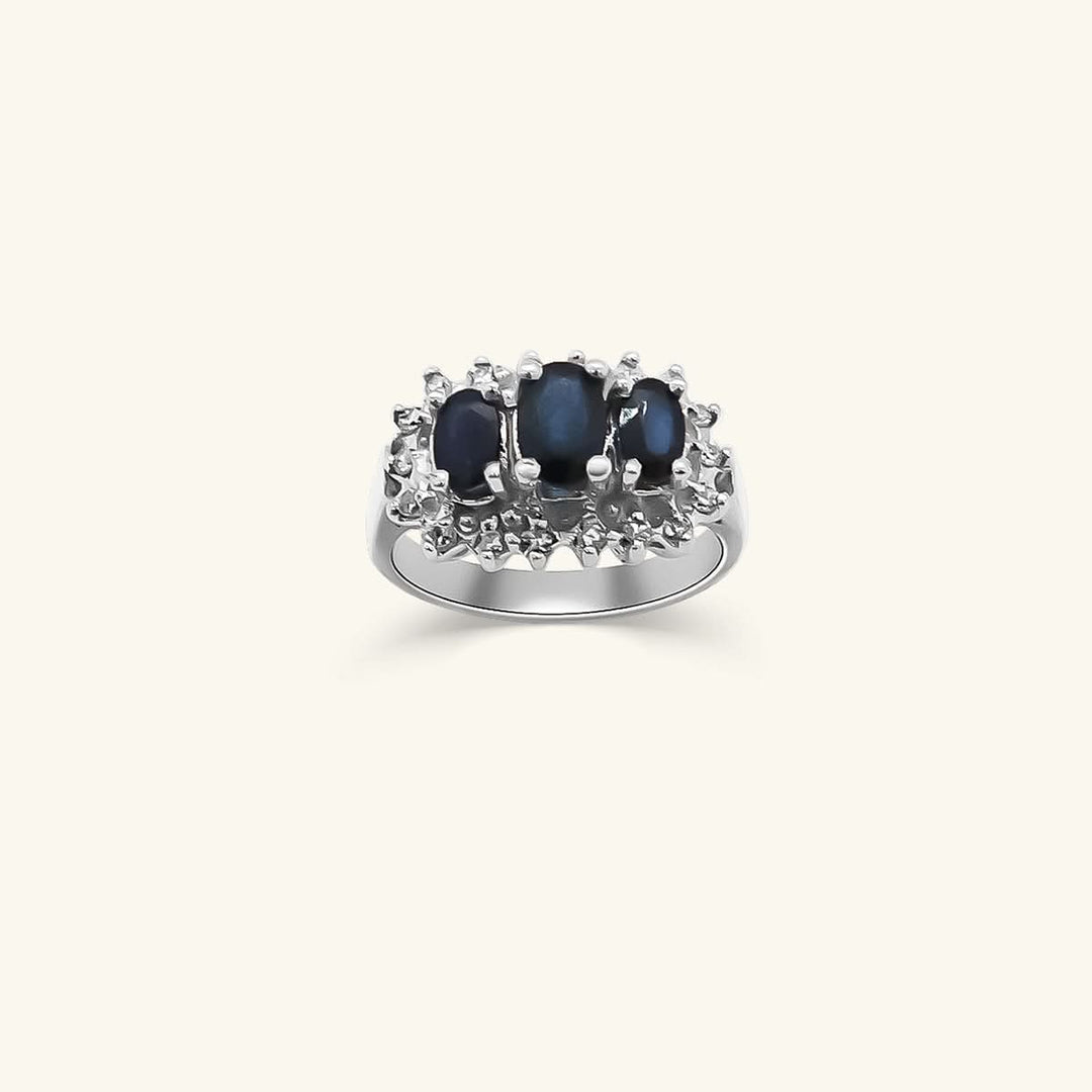 10K Sapphire & Diamond Three-Stone Halo Ring