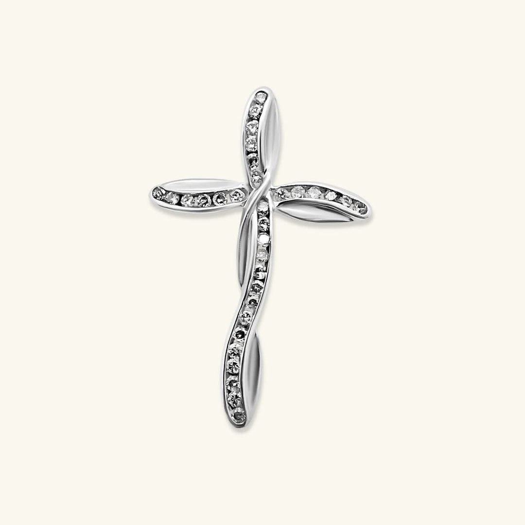 10K White Gold Curved Pavé Diamond Cross Pendant