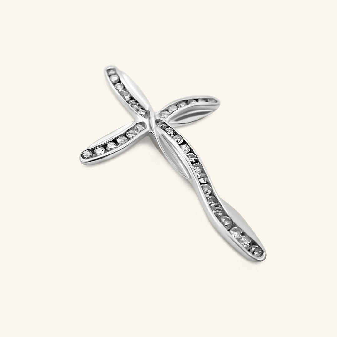 10K White Gold Curved Pavé Diamond Cross Pendant