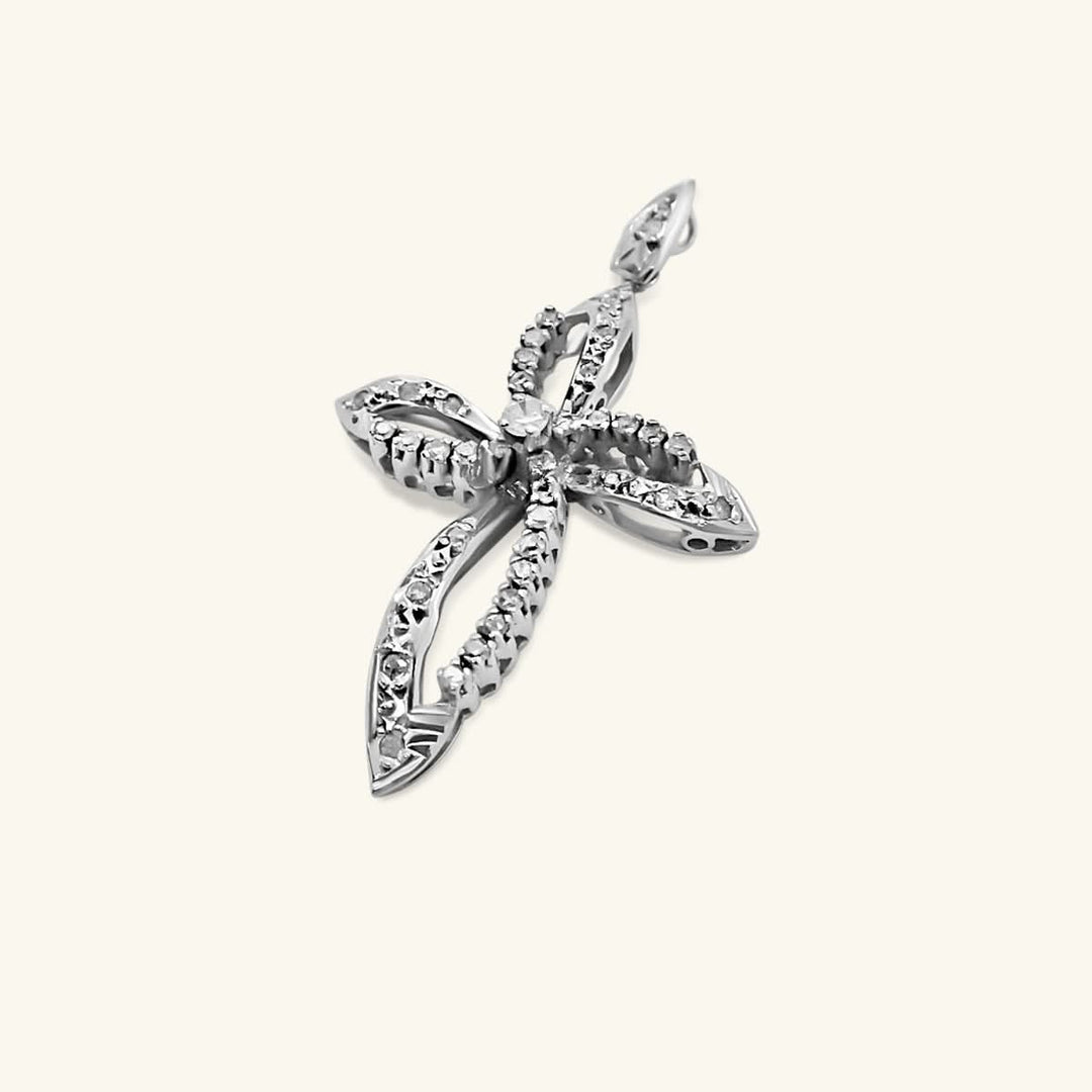 12K White Gold Floral Diamond Cross Pendant