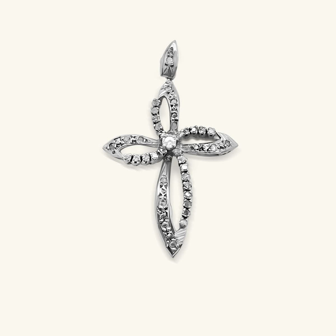 12K White Gold Floral Diamond Cross Pendant