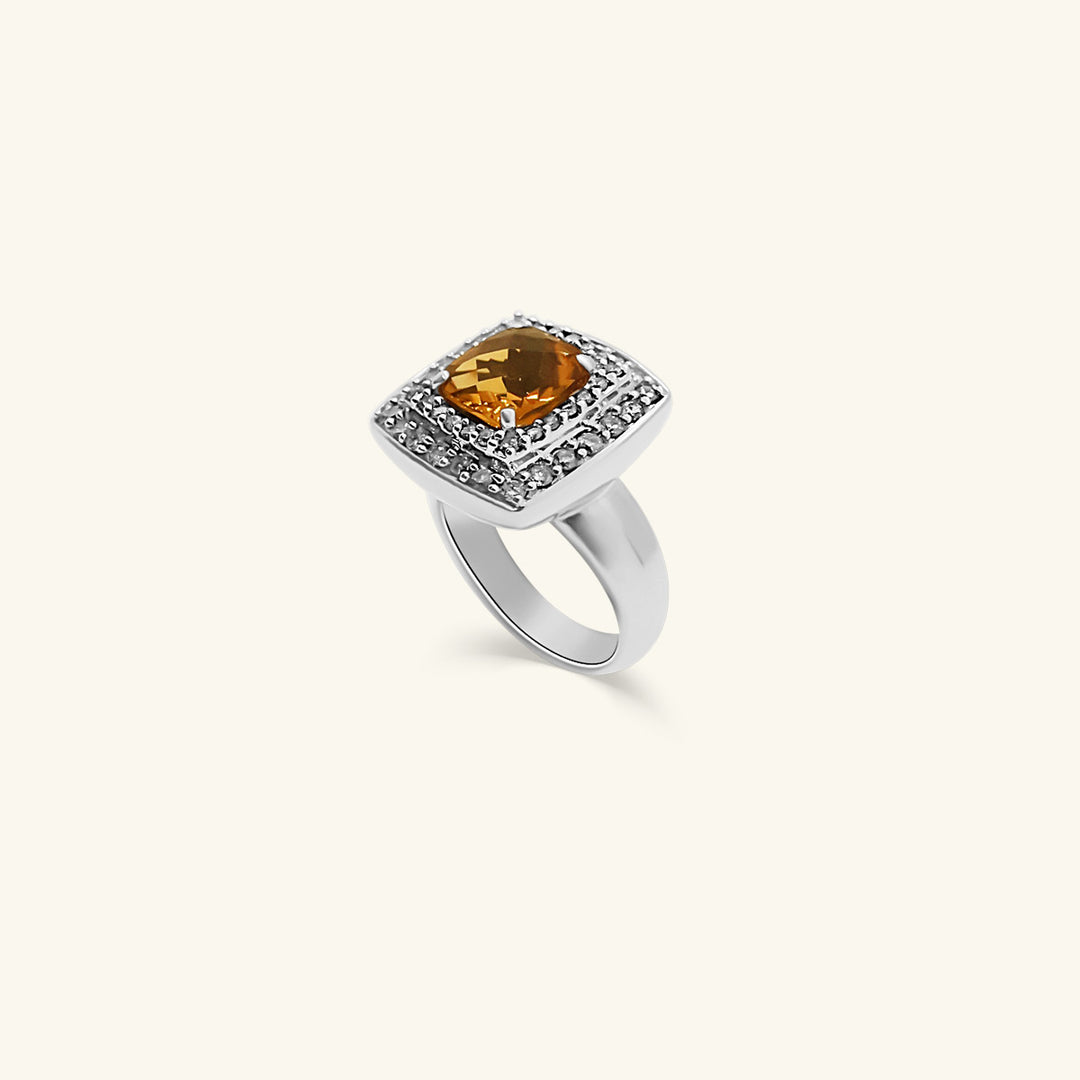 14K White Gold Cushion-Cut Yellow Citrine Halo Ring with Diamond Pavé