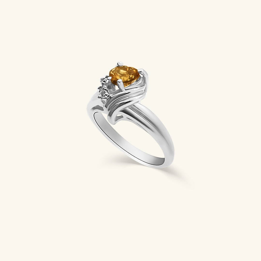 14K White Gold Heart-Cut Yellow Citrine Ring with Diamond Accents