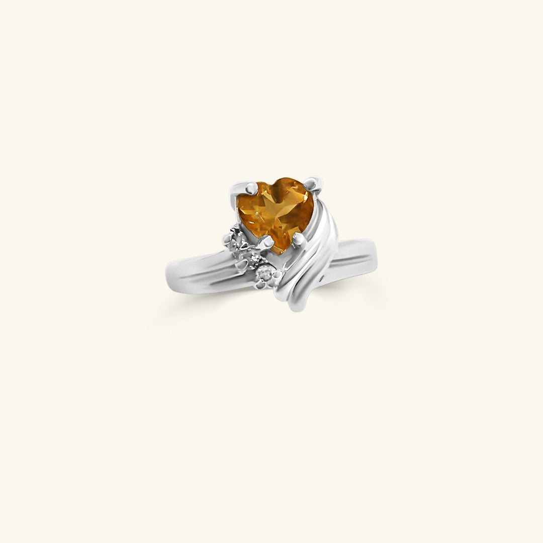 14K White Gold Heart-Cut Yellow Citrine Ring with Diamond Accents