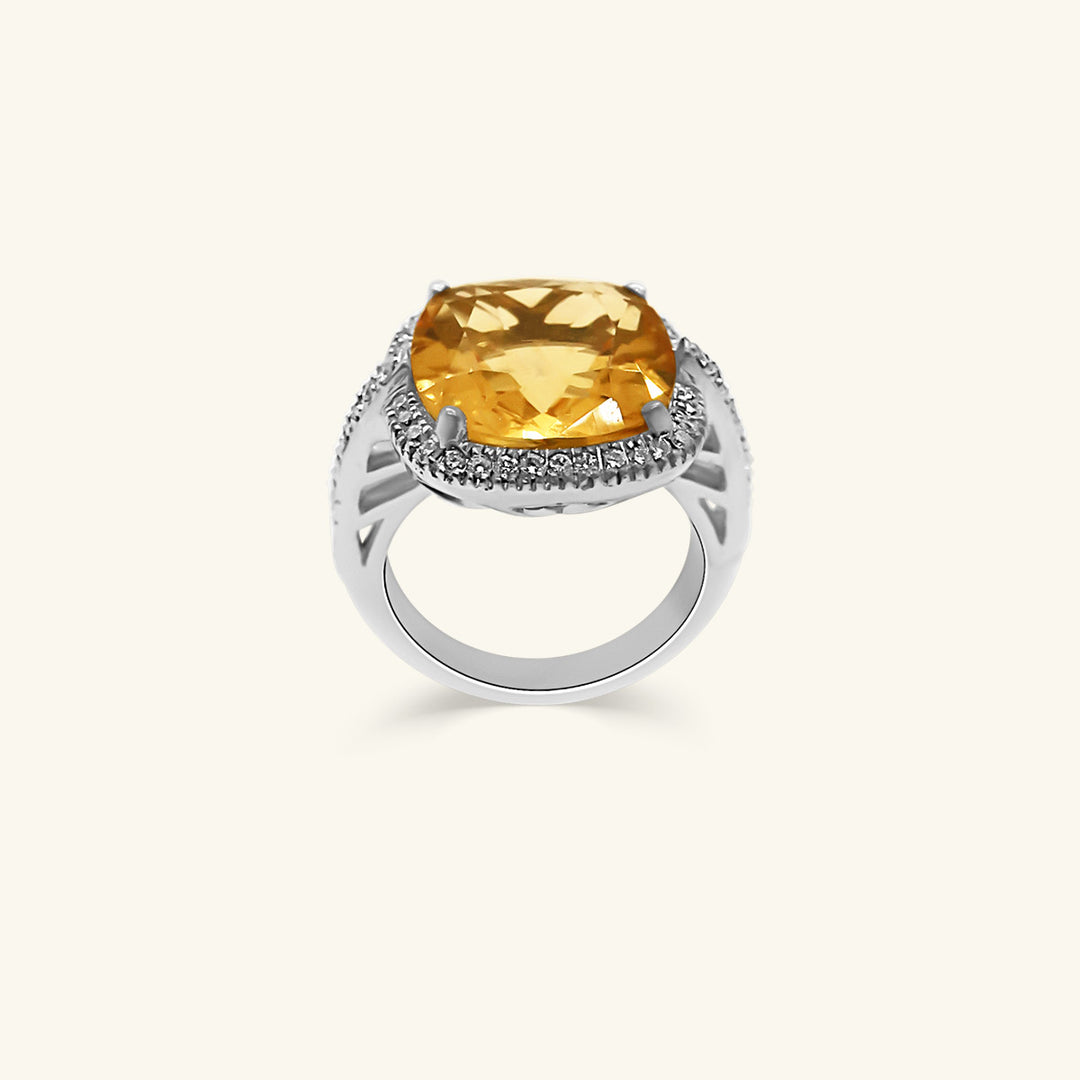 14K White Gold Large Cushion-Cut Yellow Citrine Ring with Diamond Halo