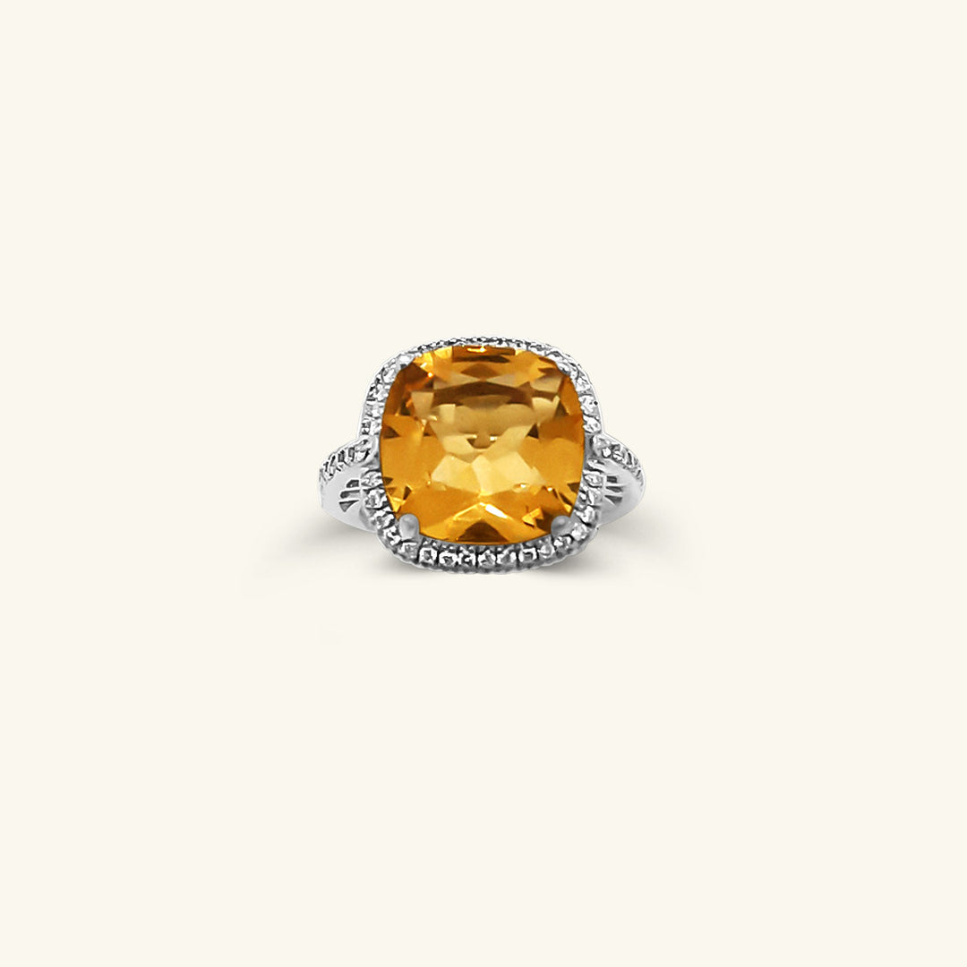14K White Gold Large Cushion-Cut Yellow Citrine Ring with Diamond Halo