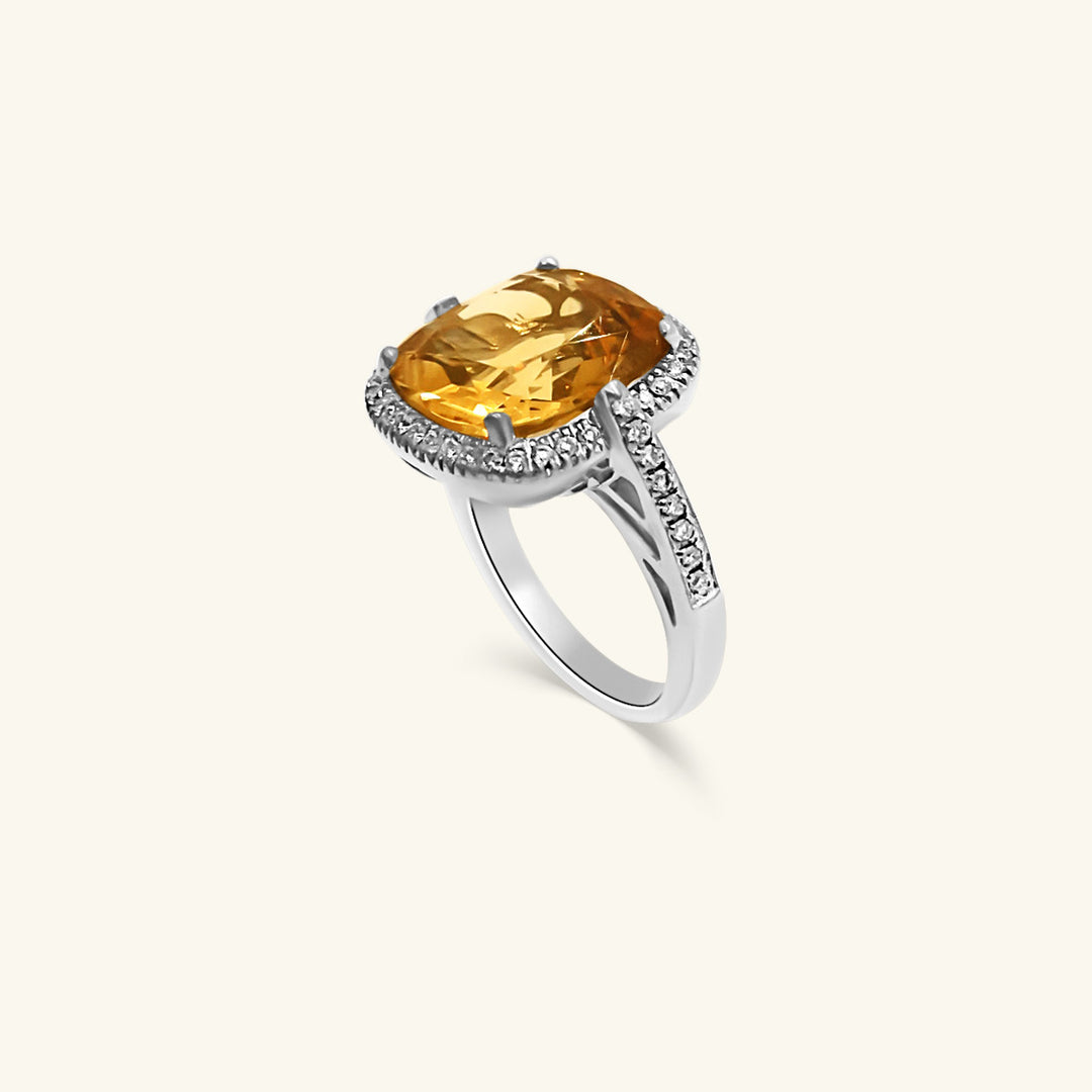 14K White Gold Large Cushion-Cut Yellow Citrine Ring with Diamond Halo