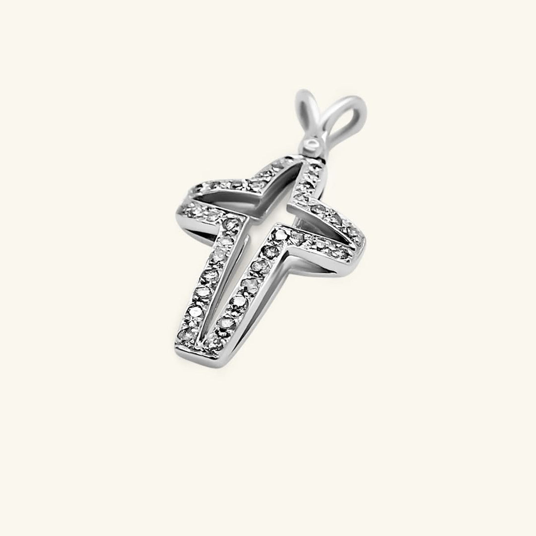 14K White Gold Open Pavé Diamond Cross Pendant