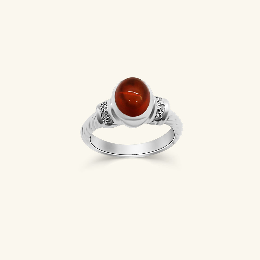 14K White Gold Oval Cabochon Garnet Ring with Diamond Accents