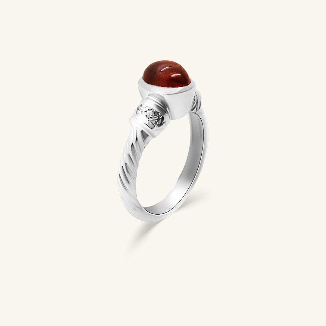 14K White Gold Oval Cabochon Garnet Ring with Diamond Accents