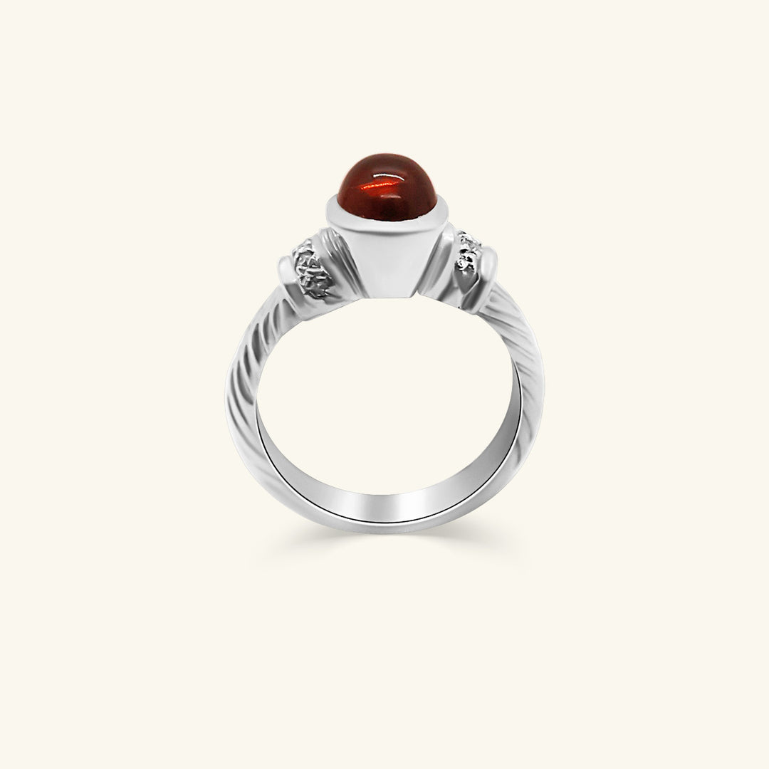14K White Gold Oval Cabochon Garnet Ring with Diamond Accents