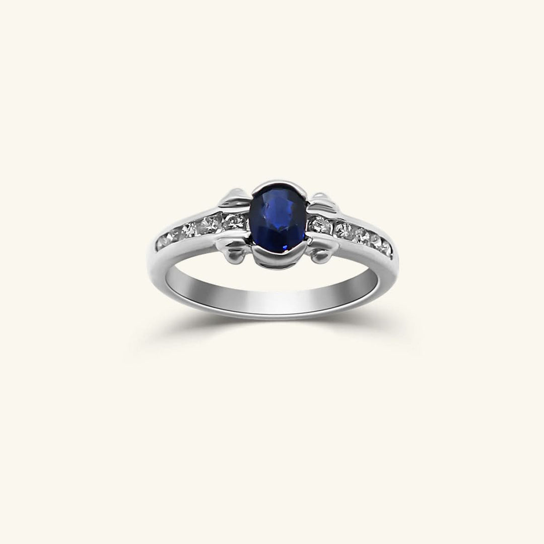 14K White Gold Oval Sapphire Diamond Accent Ring