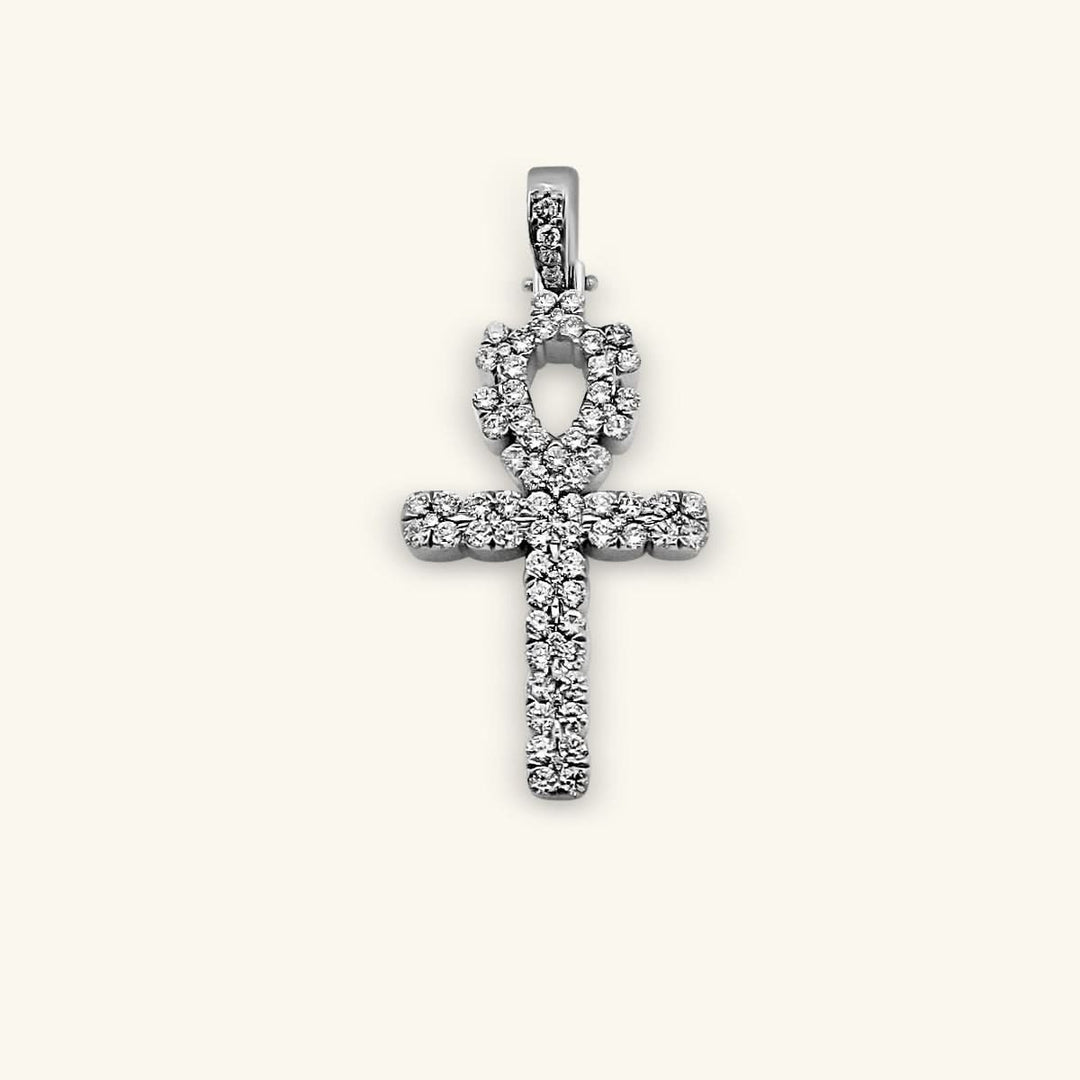 14K White Gold Pavé Diamond Ankh Cross Pendant