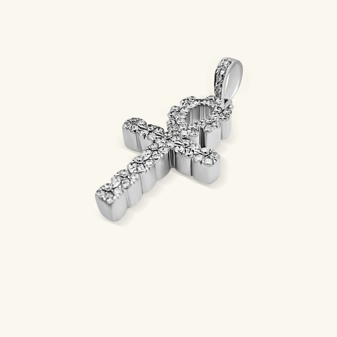 14K White Gold Pavé Diamond Ankh Cross Pendant