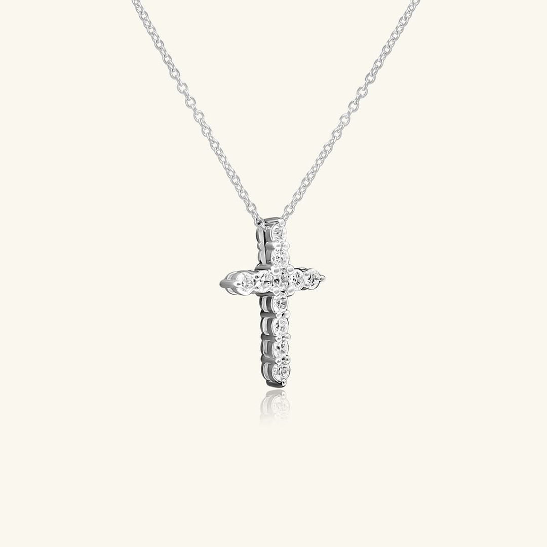 14K White Gold Round Diamond Cross Necklace
