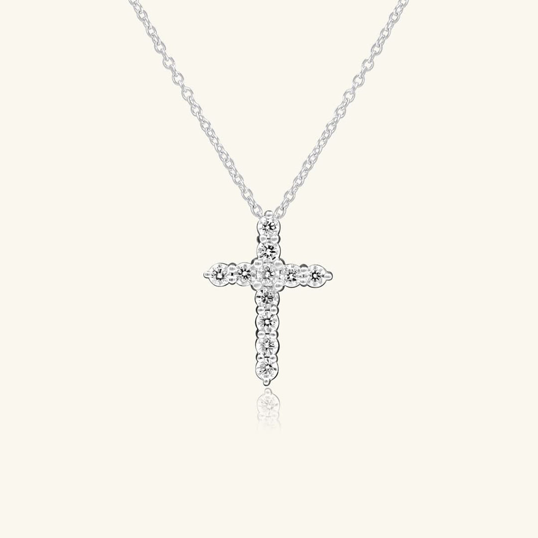 14K White Gold Round Diamond Cross Necklace
