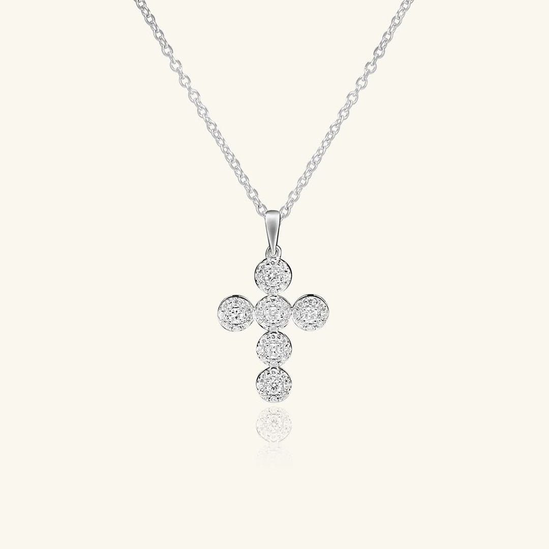 14K White Gold Round Pavé Diamond Cross Pendant