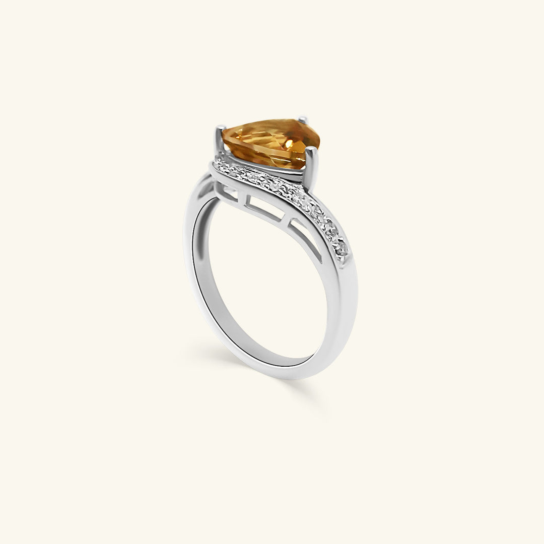 14K White Gold Trillion-Cut Yellow Citrine Ring with Diamond Accented Split Band