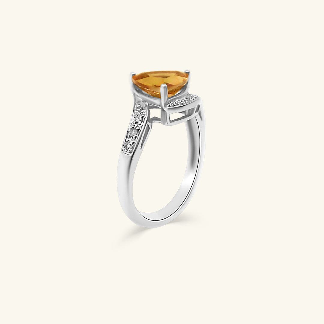 14K White Gold Trillion-Cut Yellow Citrine Ring with Diamond Accented Split Band
