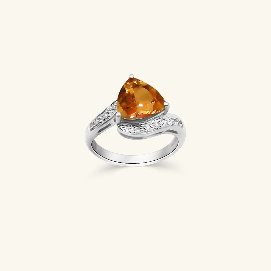 14K White Gold Trillion-Cut Yellow Citrine Ring with Diamond Accented Split Band
