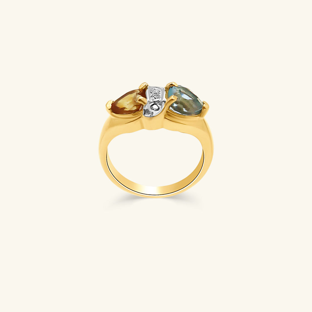14K Yellow Gold Citrine and Blue Topaz Ring with Diamond Accent Bar