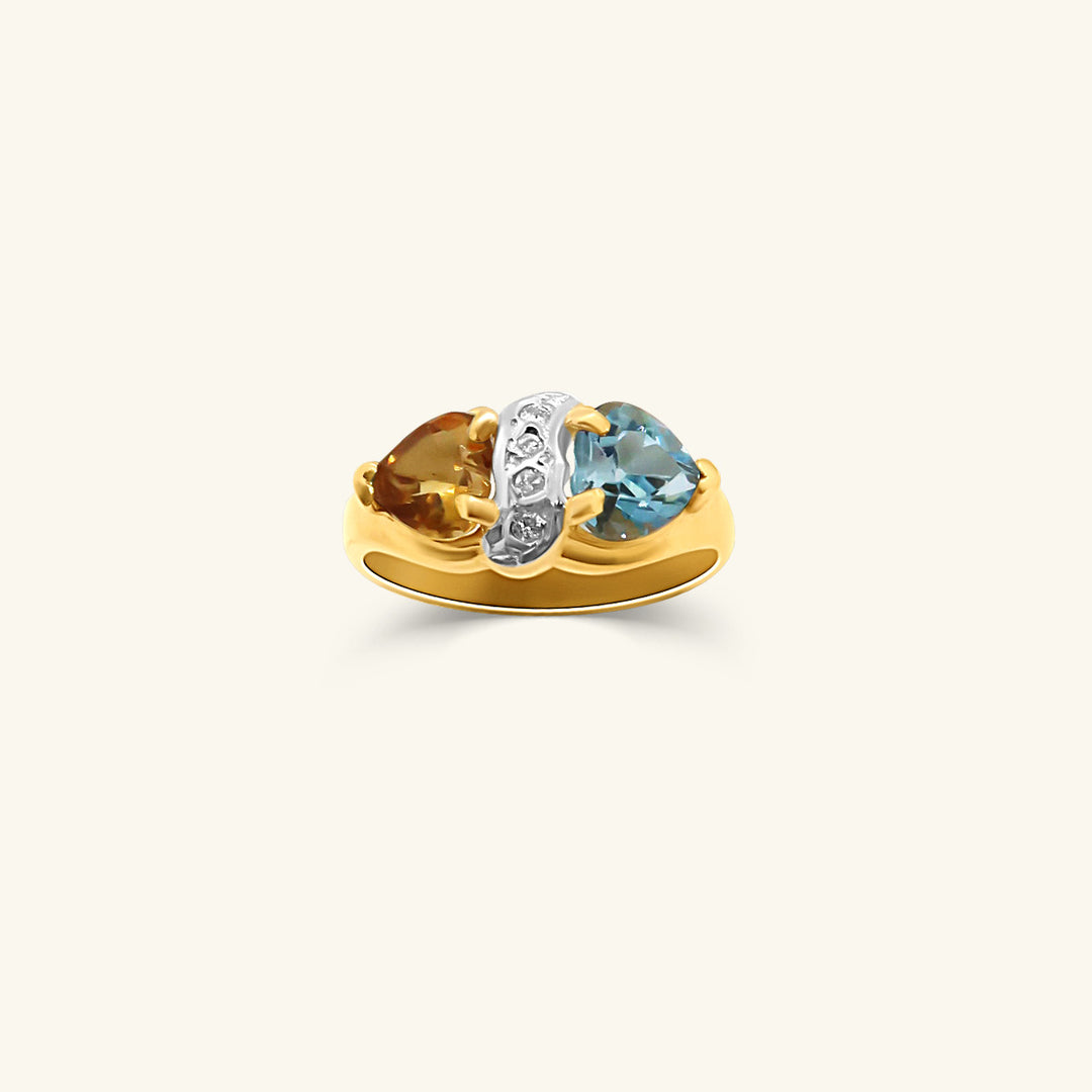 14K Yellow Gold Citrine and Blue Topaz Ring with Diamond Accent Bar