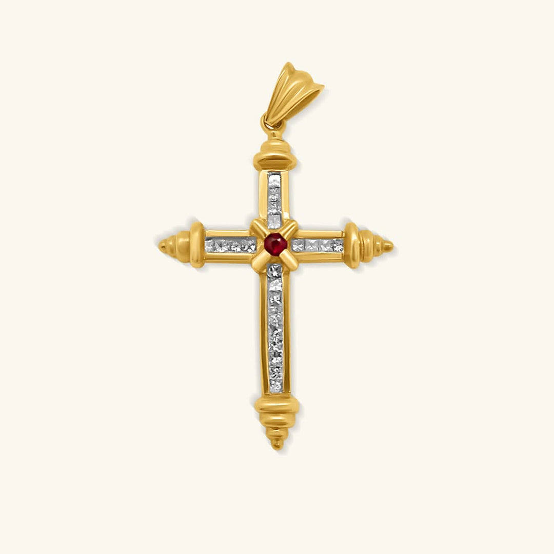 14K Yellow Gold Ruby & Diamond Cross Pendant