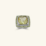 Load image into Gallery viewer, 14K White Gold Cushion-Cut Lemon Quartz Cocktail Ring with Diamond &amp; Green Halo

