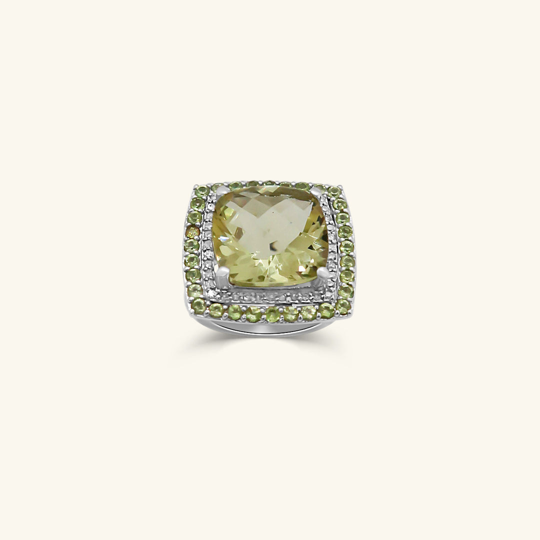 14K White Gold Cushion-Cut Lemon Quartz Cocktail Ring with Diamond & Green Halo