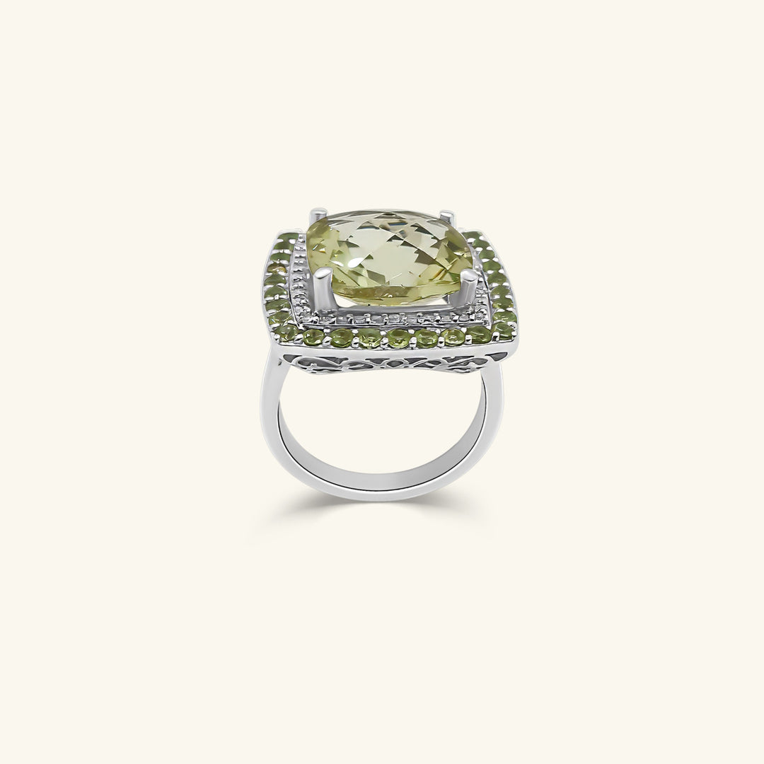 14K White Gold Cushion-Cut Lemon Quartz Cocktail Ring with Diamond & Green Halo
