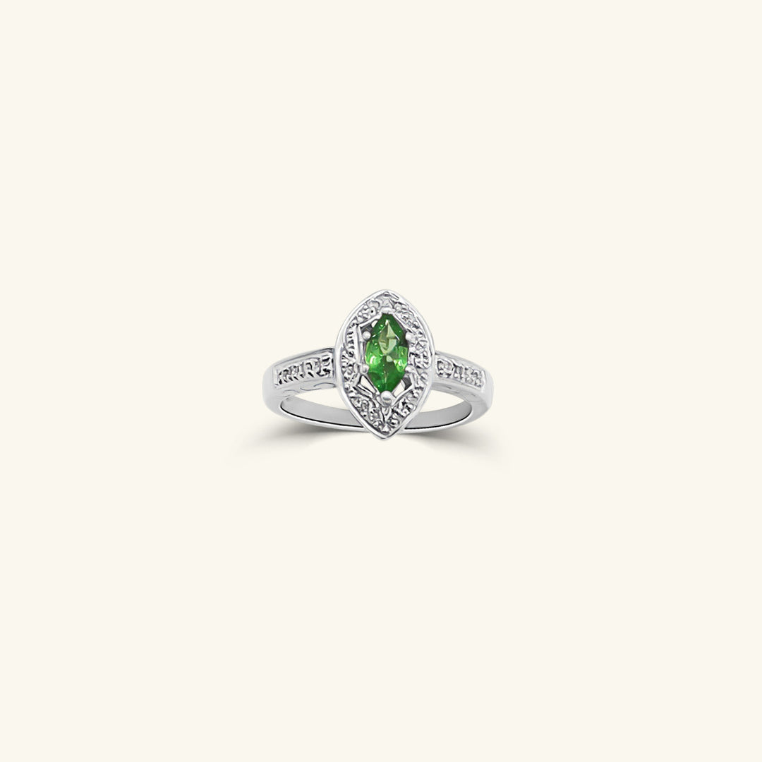 14K White Gold Marquise Emerald Halo Ring with Diamond Band