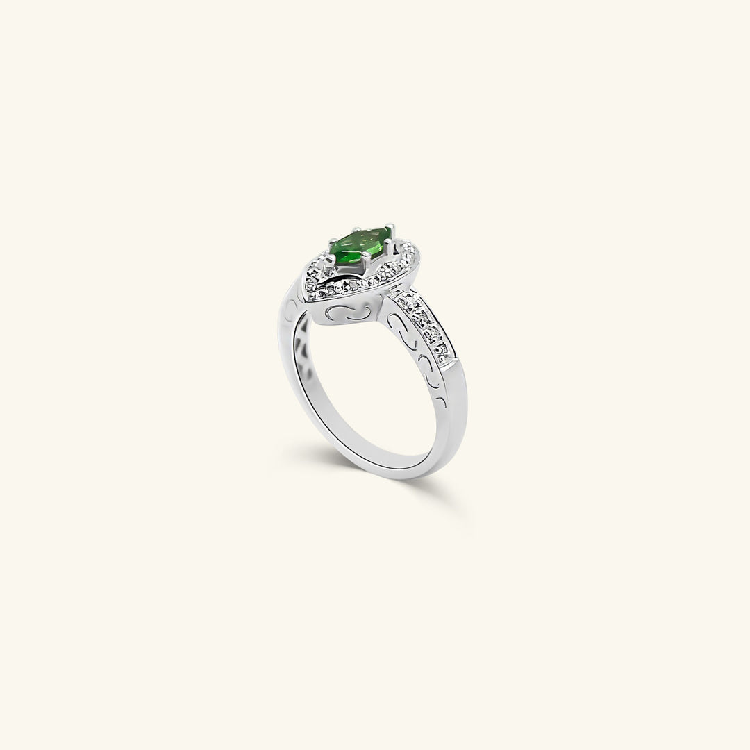 14K White Gold Marquise Emerald Halo Ring with Diamond Band