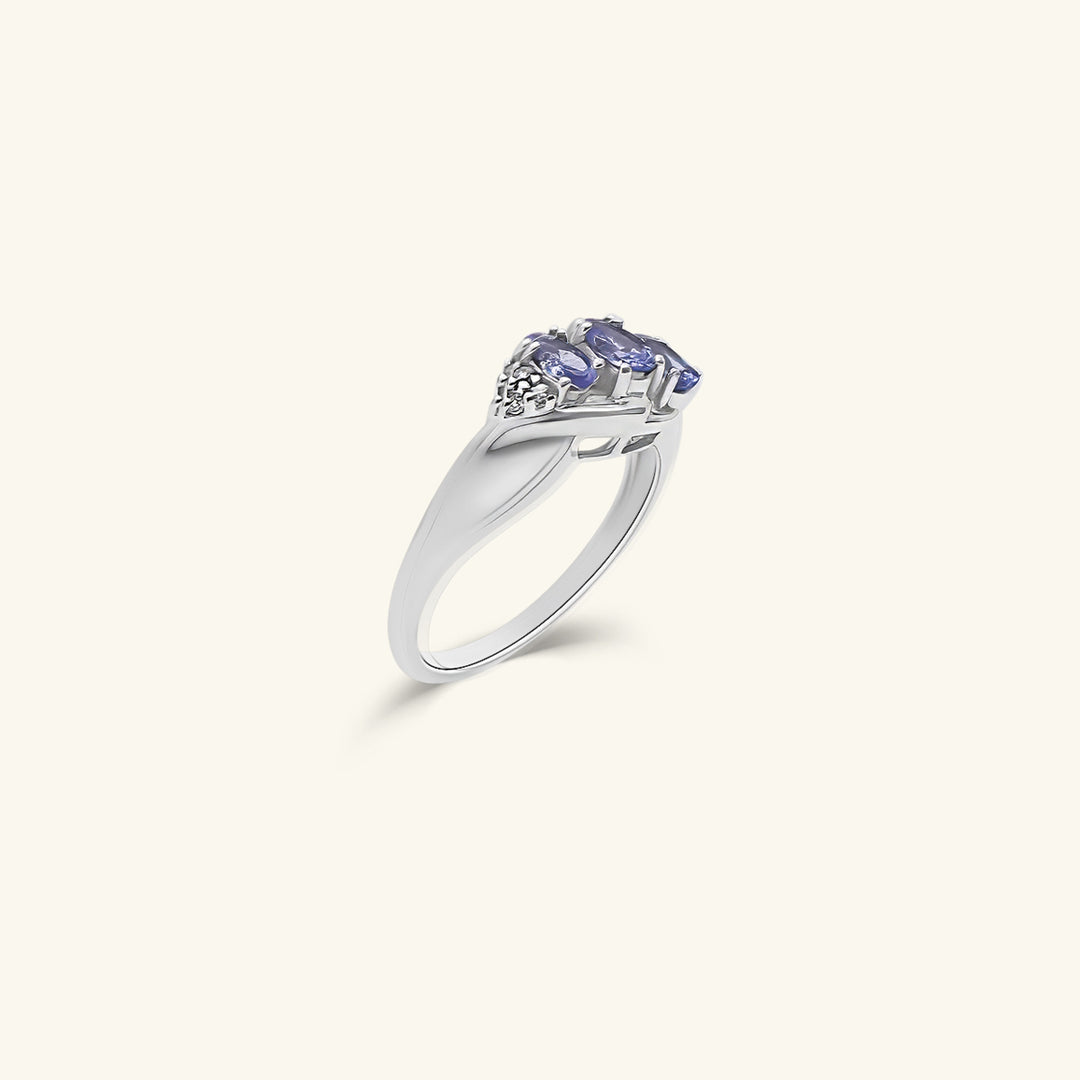 14K White Gold Three-Stone Tanzanite & Diamond Ring