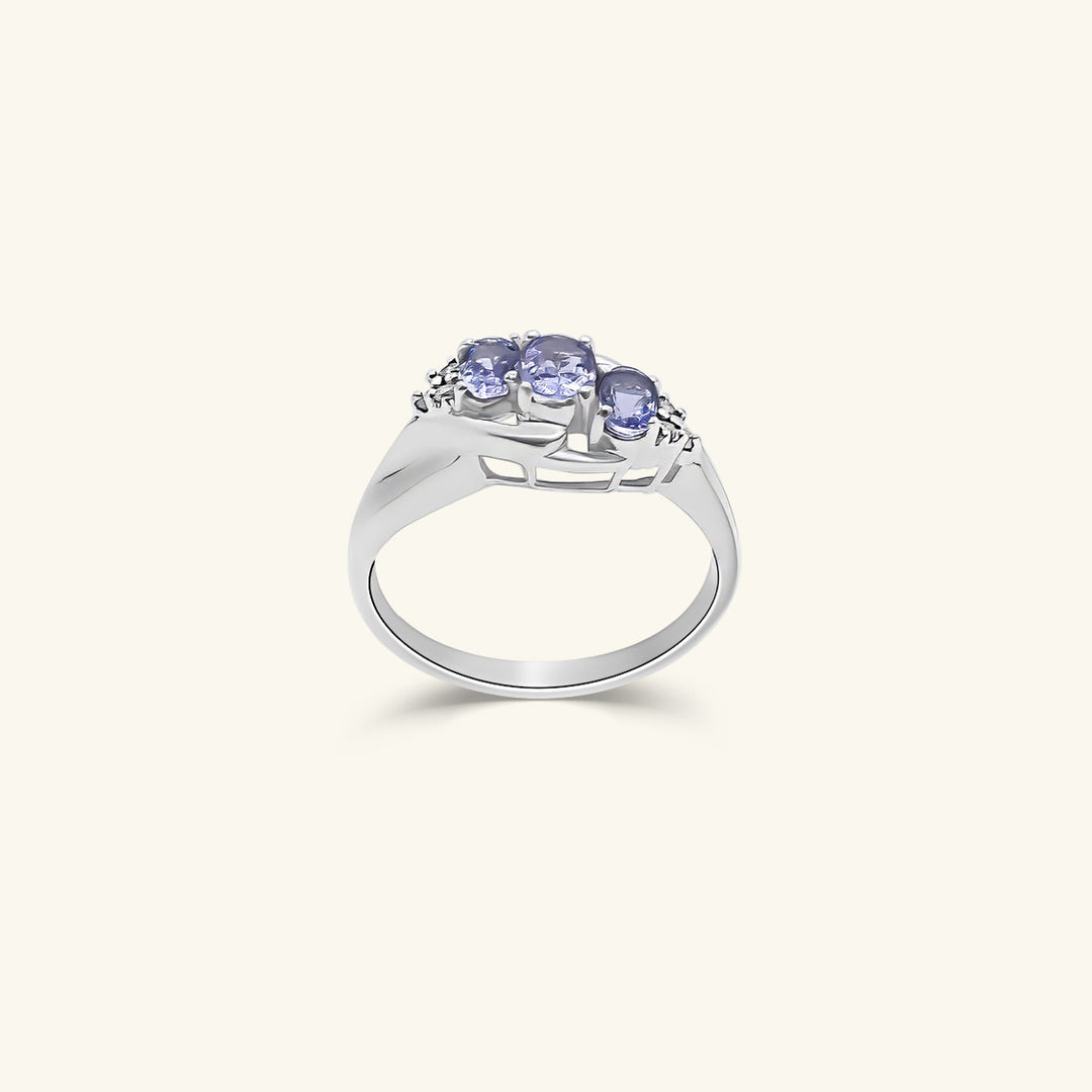 14K White Gold Three-Stone Tanzanite & Diamond Ring