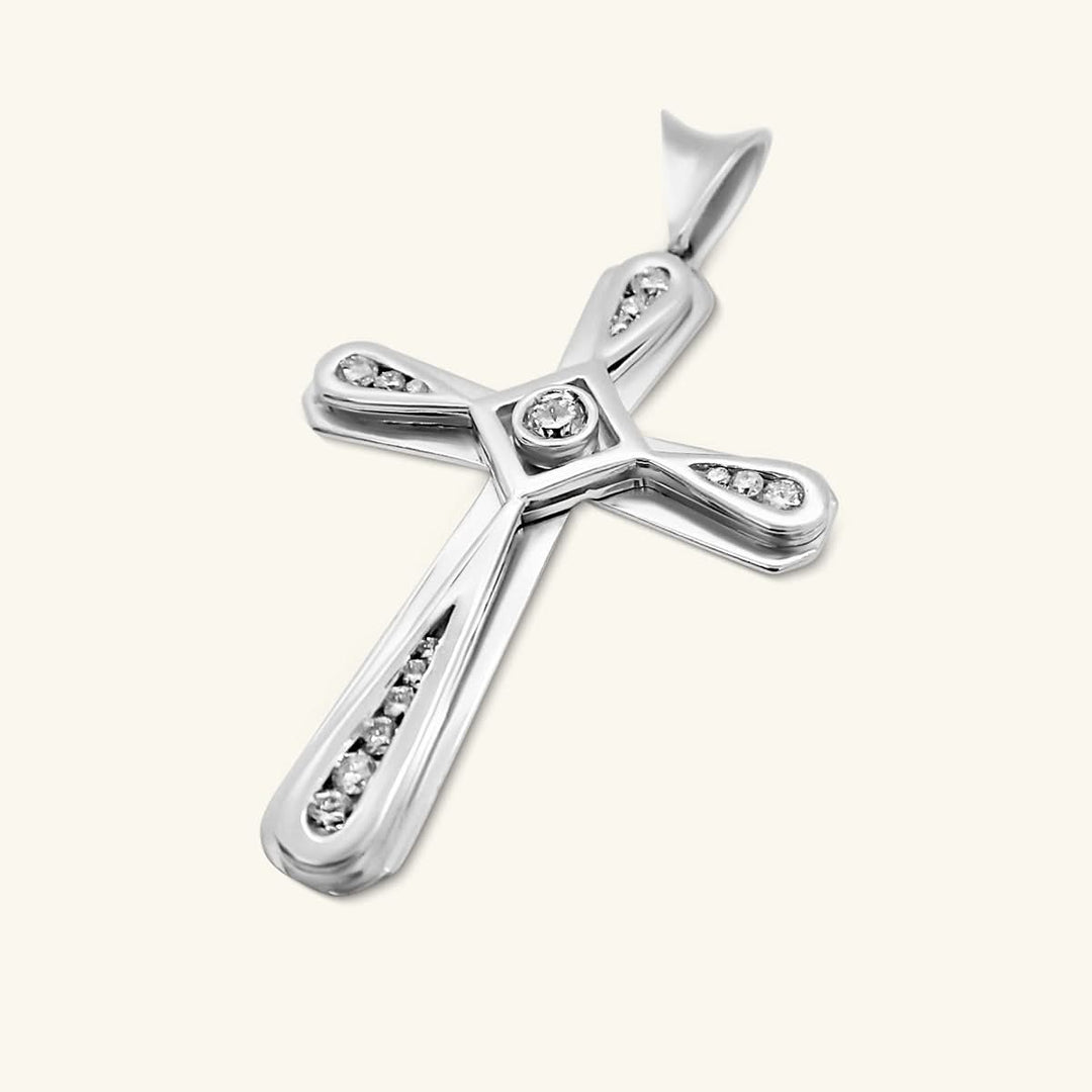 18K White Gold Bezel-Set Diamond Cross Pendant