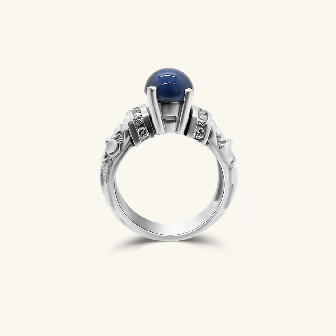 18K White Gold Cabochon Blue Sapphire & Diamond Ring