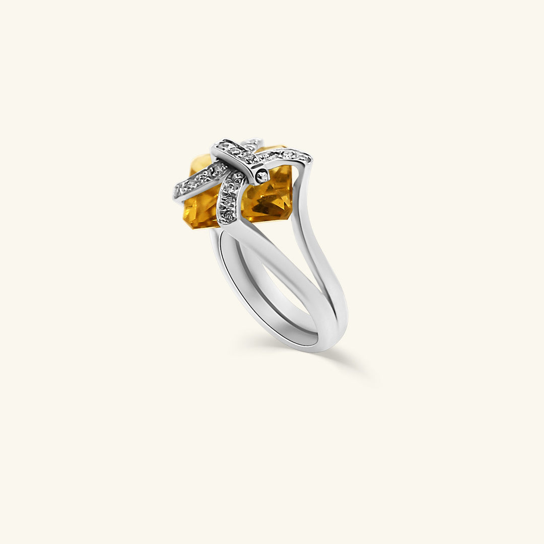 18K White Gold Cushion-Cut Yellow Citrine & Diamond Crisscross Ring