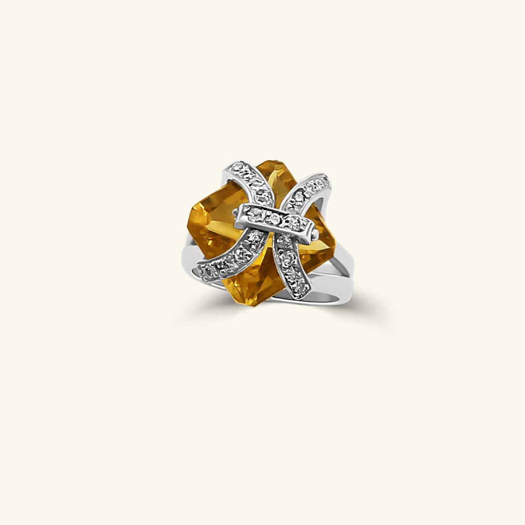 18K White Gold Cushion-Cut Yellow Citrine & Diamond Crisscross Ring