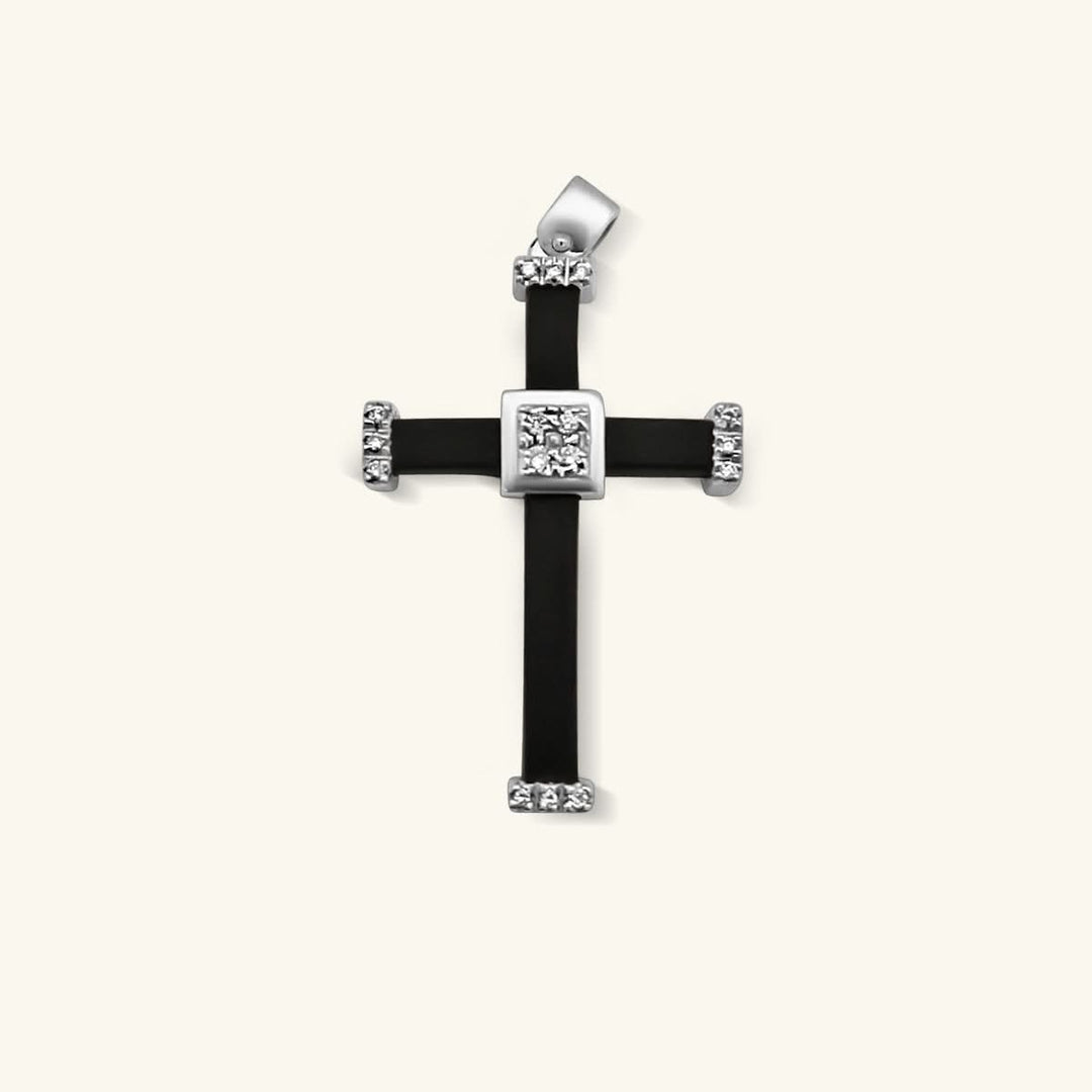 18K White Gold Diamond & Black Inlay Cross Pendant