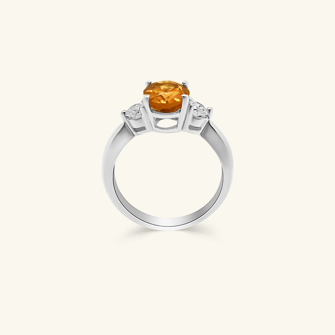 18K White Gold Oval-Cut Yellow Citrine Ring with Diamond Accents