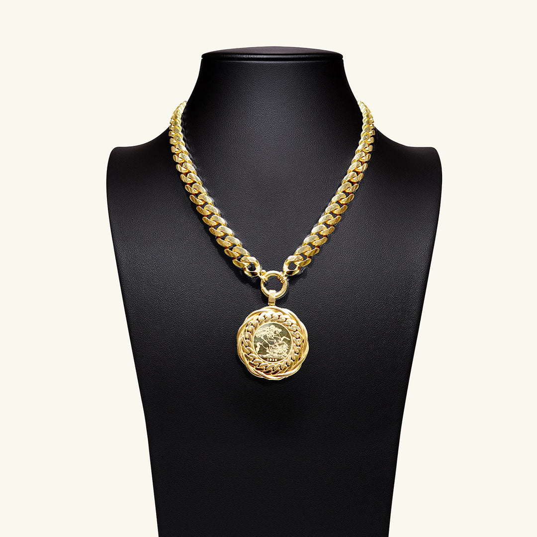 21K Gold Cuban Link Coin Pendant Necklace