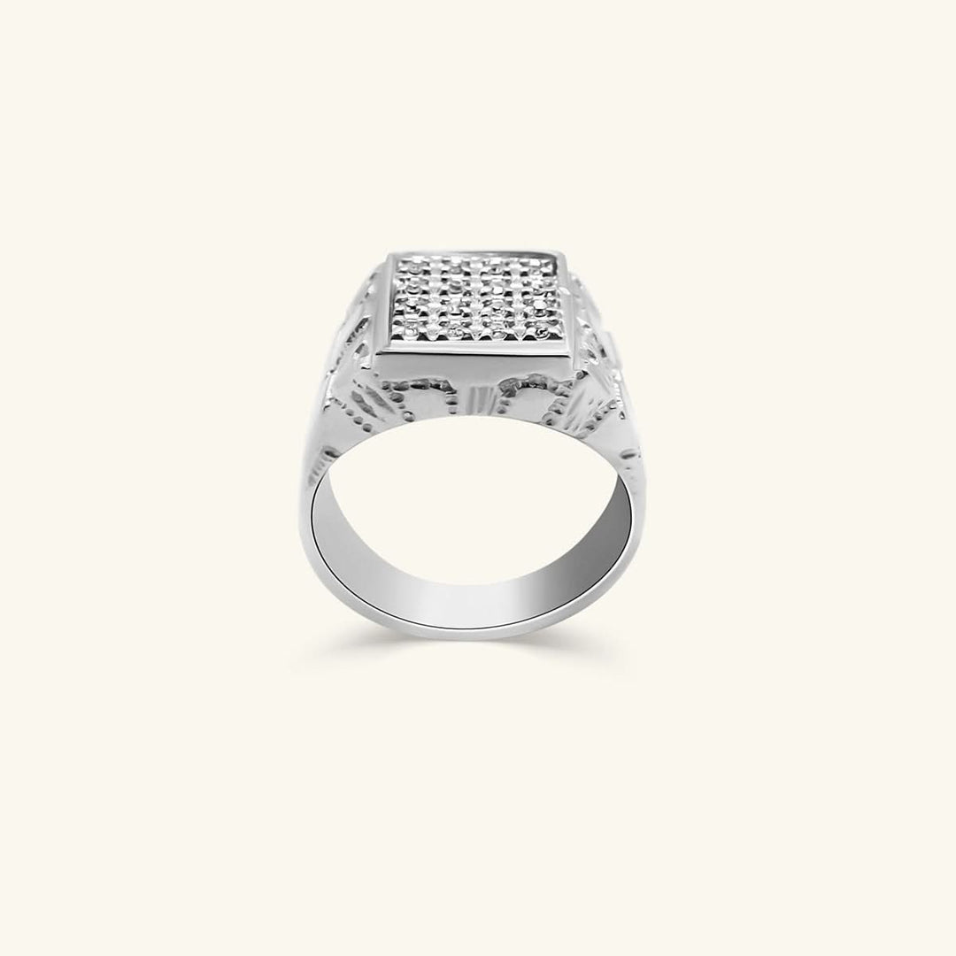 Men’s 14K White Gold Diagonal Diamond Octagon Signet Ring