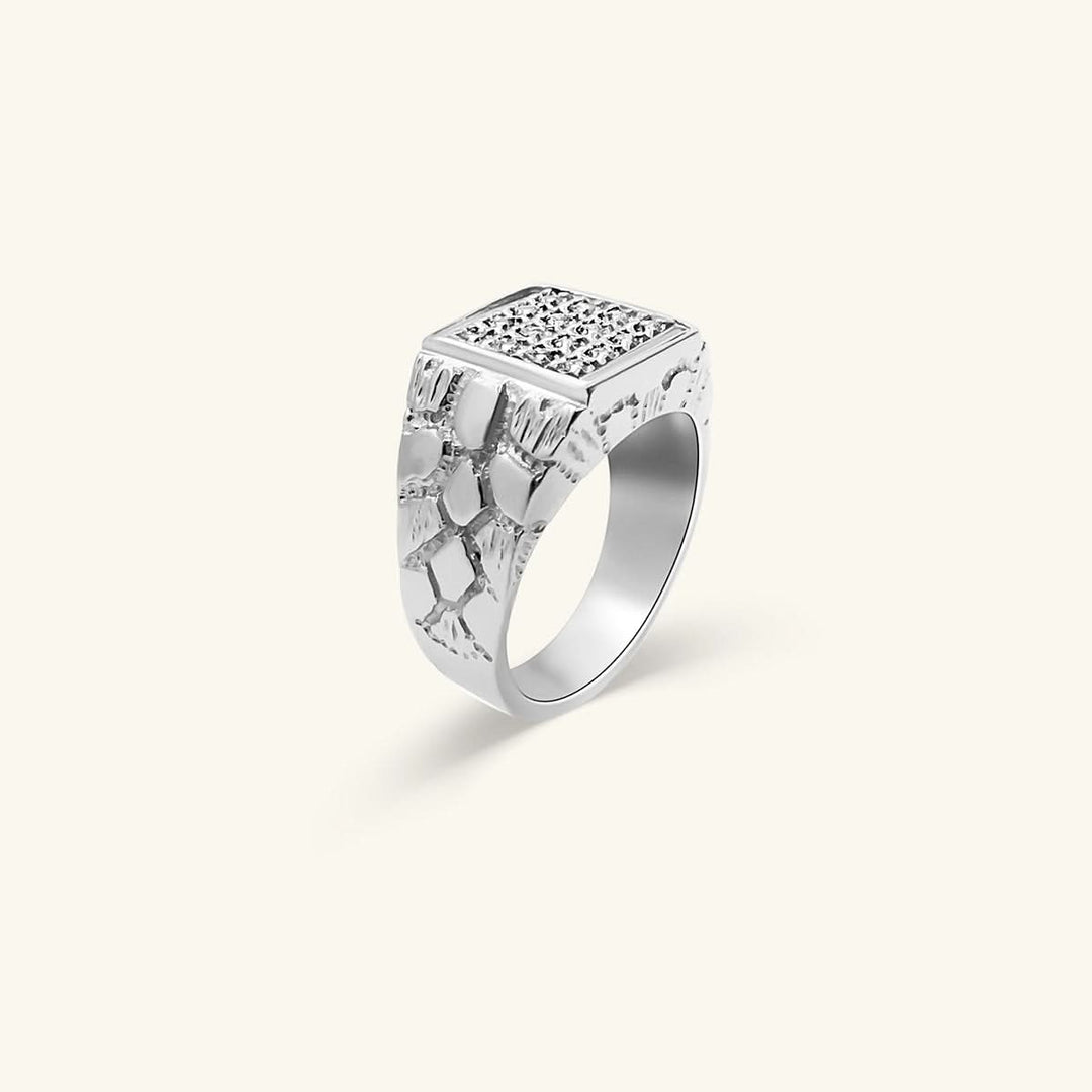 Men’s 14K White Gold Diagonal Diamond Octagon Signet Ring